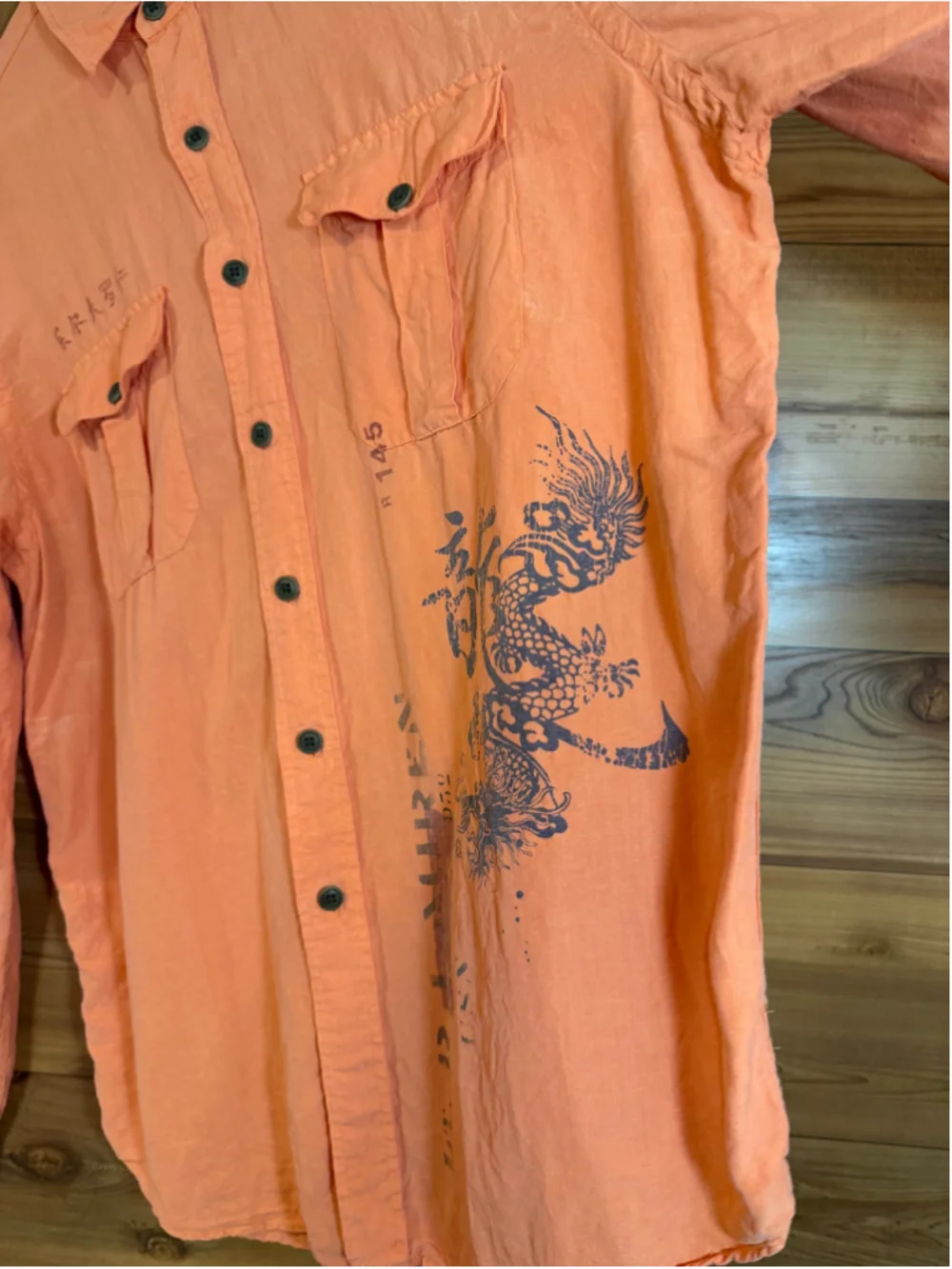 Polo Ralph Lauren Asian Dragon Print Weathered Orange Silk Linen Mens shirt XL